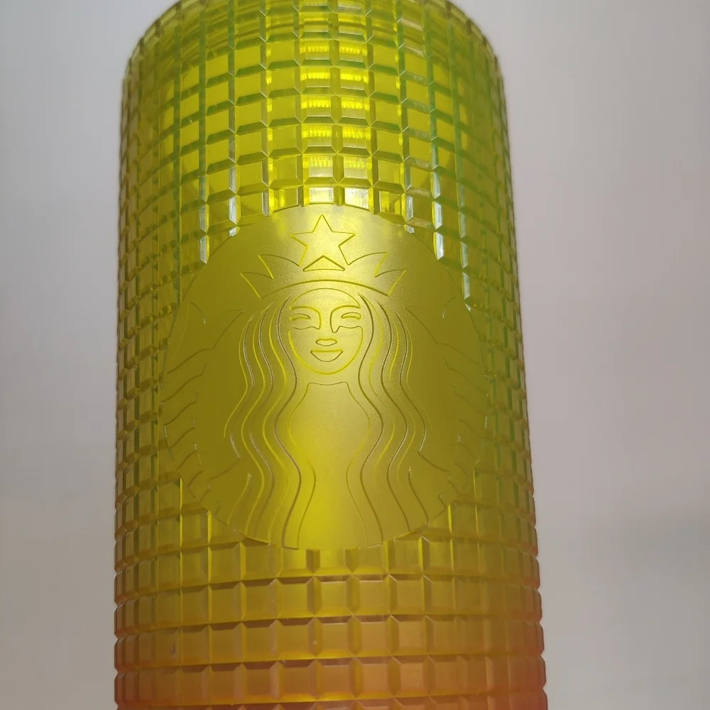 NEW Starbucks Tumbler Grid Texture Large Venti 24 oz Pink Yellow Straw 2022 - Picture 4 of 10